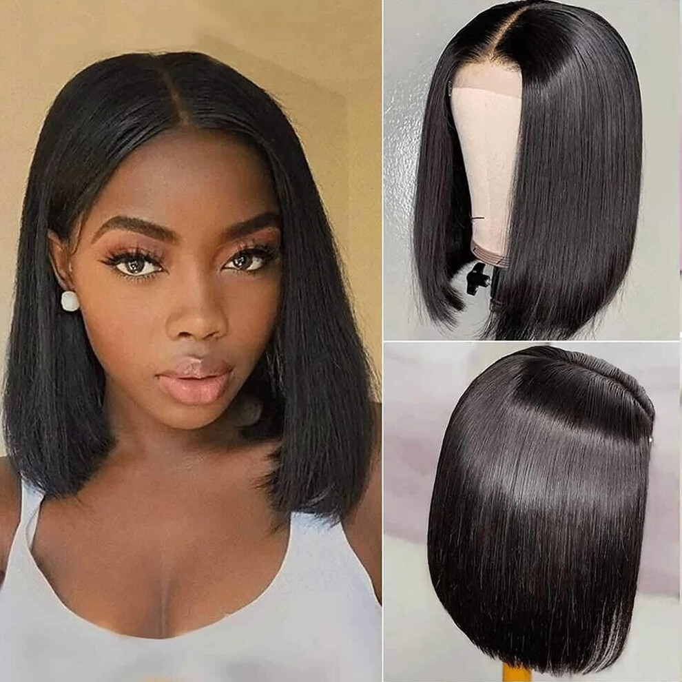 Human Hair Bob Wig 4X4 Lace Closure Straight Pre Plucked Natural Hairline For Women Black