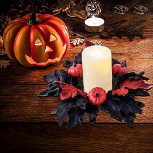 Halloween-gresskardekorasjon med svart blad 23 x 23 cm, høstgirlander med kunstig eukalyptus, oransje og rød, kompatibel med Halloween- og