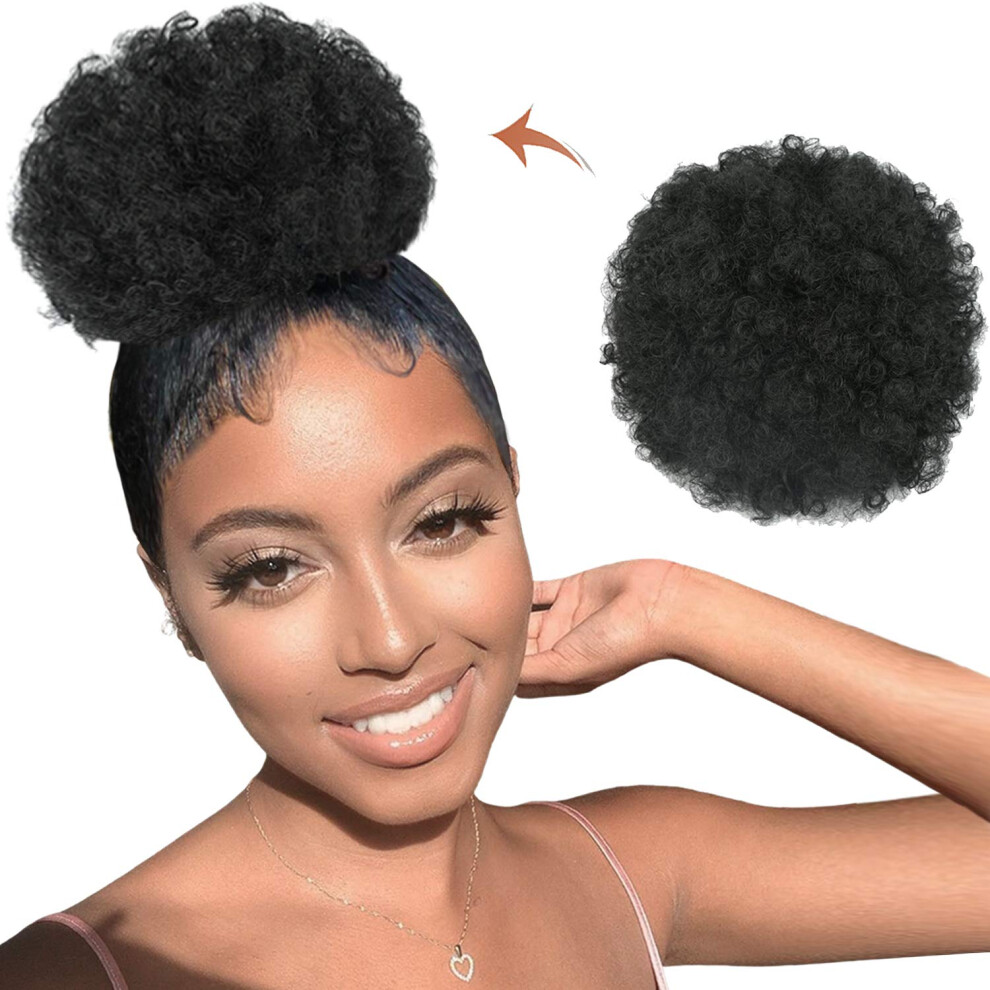 Unisex Afro Puff Ponytail Short Kinky Curly Hair Bun With Clip Natural Looking Drawstring Extension 1B Medium