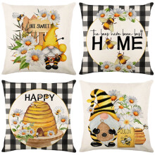 Set di 4 federe per cuscini decorativi con motivo ape e gnomo felice, colore giallo primaverile, 45x45 cm, cuscino estivo a quadri neri e miele,
