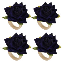 Conjunto de 4 Porta-Guardanapos Florais em Azul Marinho, Porta-Guardanapos com Rosas, Decoração Artesanal para Mesa de Casamento, Dia dos