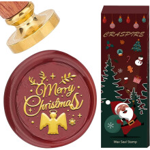 Carimbo de cera "Feliz Natal" de 25 mm, compatível com anjo, floco de neve, chifre de alce e folha, com cabo de madeira e cabeça de latão para