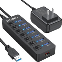 Aktiver USB-Hub 3.0, 7 Datenanschlüsse und 1 USB-Ladeanschluss, Multi-USB-3.0-Splitter mit individuellen LED-Schaltern