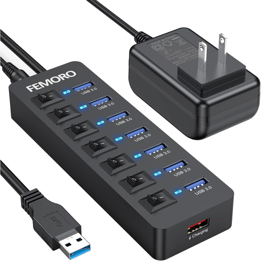 Powered Usb Hub 3.0, Data 7 Ports And Usb Charging 1 Port Multi Usb 3.0 Splitter With Individual Led Switches 9773935692152