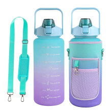 Waterfles van een halve gallon (64 oz) met hoes, rietje en tijdsaanduiding, lekvrij, BPA-vrij, geschikt voor gebruik in de sportschool en voor