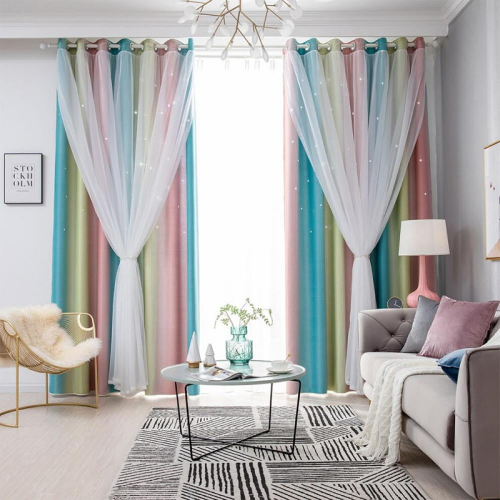 Color Starlight Curtains, Color Striped Hollow Star Curtains, Suitable For Children's Girls Bedroom And Living Room Pink