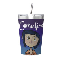Termoska Coraline s kužeľovou slamkou, dvojitá stena, vákuovo izolovaná, nerezová potlač, 355 ml, biela
