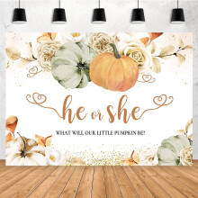 Little Pumpkin Gender Reveal Backdrop, Fall Green Yellow Pumpkins, White Flowers, He or She Baby Shower Party Banner, Photo Booth Props