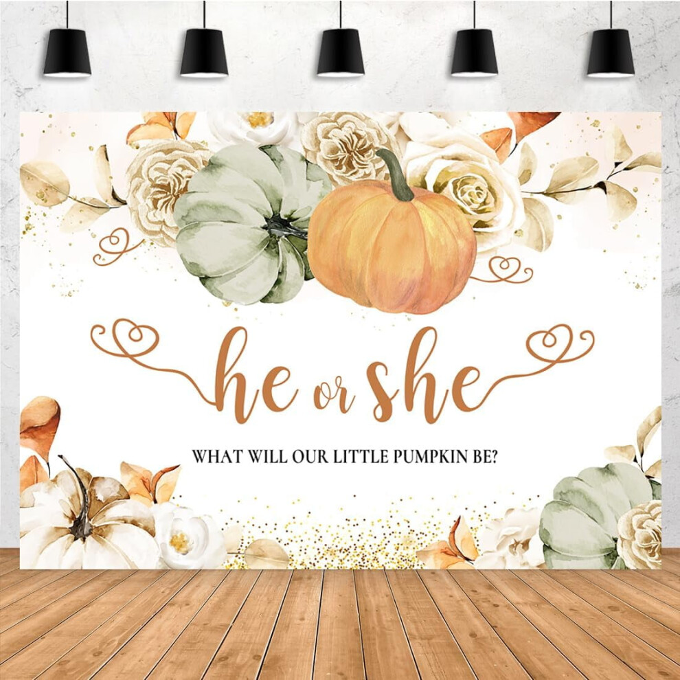 Little Pumpkin Gender Reveal Backdrop, Fall Pumpkins, Flowers, He Or She Baby Shower Party Banner, Photo Booth Props Green/Yellow/White 9483153199356