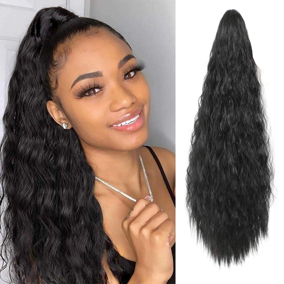 Unisex Clip In Ponytail Extension 22 Inch Curly Corn Wave Synthetic Hairpiece With Secure Claw Clip