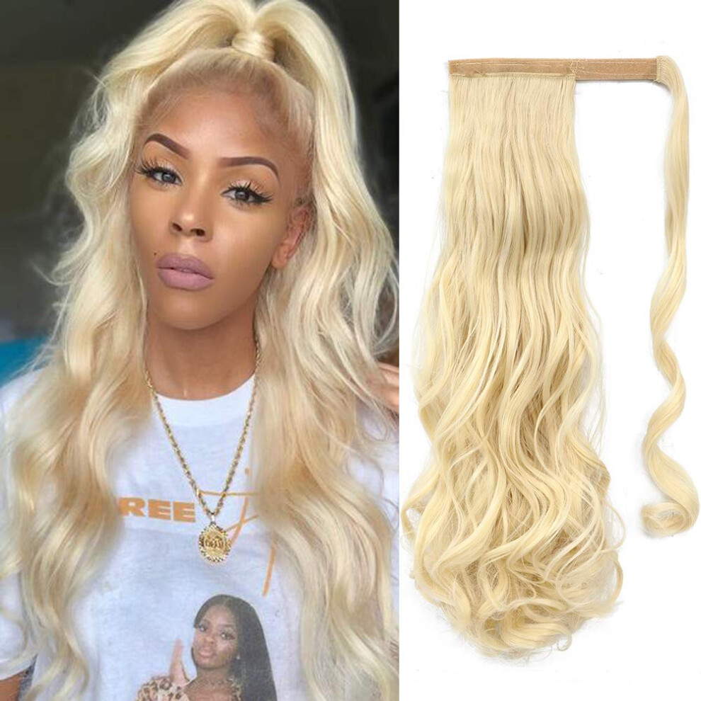 Unisex 22 Inch Blonde Remy Human Hair Ponytail Extensions 613# Corn Wave Wraparound Wavy Hairpiece