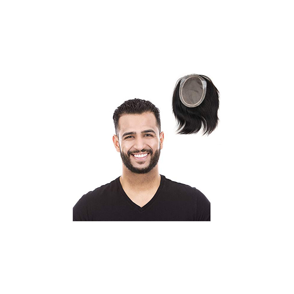 Unisex Black Mens Toupee Virgin Brazilian Remy Human Hair Wig With Breathable Mono Lace Pu Perimeter 6X7.5inch 1B