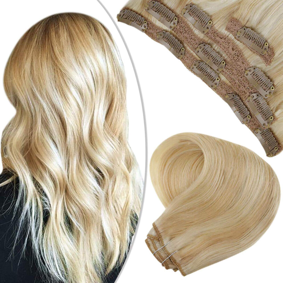 Unisex Golden 14' Remy Human Hair Clip In Extensions Blonde Highlight Medium Blonde Straight 4Pcs 50G