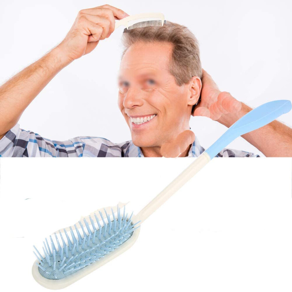 Long Handle Hair Brush and Comb with Ergonomic AntiSlip Grip for Elderly and Limited Mobility, Blue