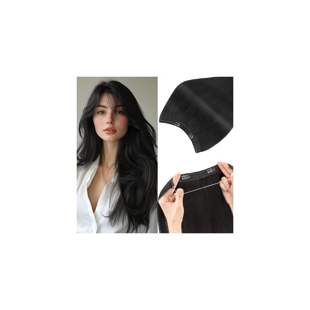 Unisex Halo Hair Extensions Real Human Remy Hair Invisible Wire For Women, 11 Inch Ebony Seamless Blend