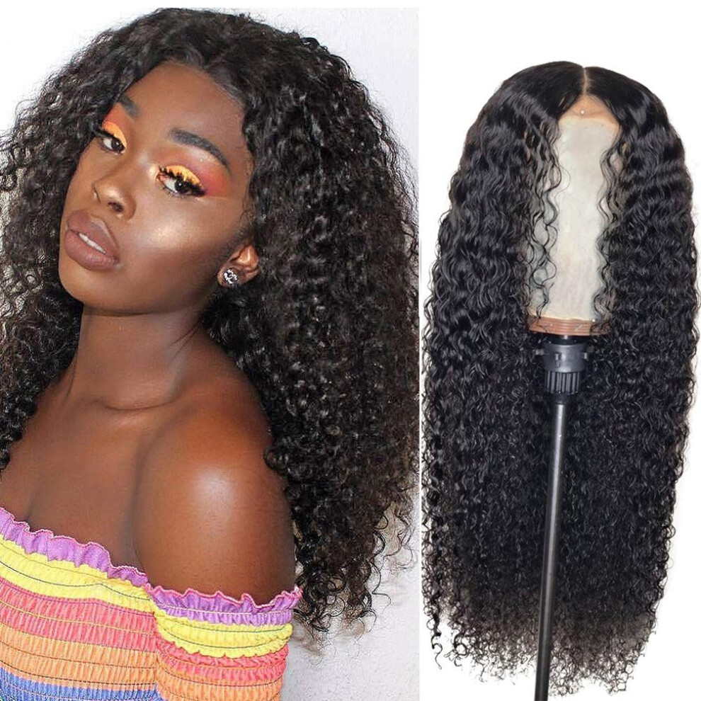Unisex Black Brazilian Curly Lace Front Wig 24 Inch 4X4 Lace Closure Virgin Human Hair For Women