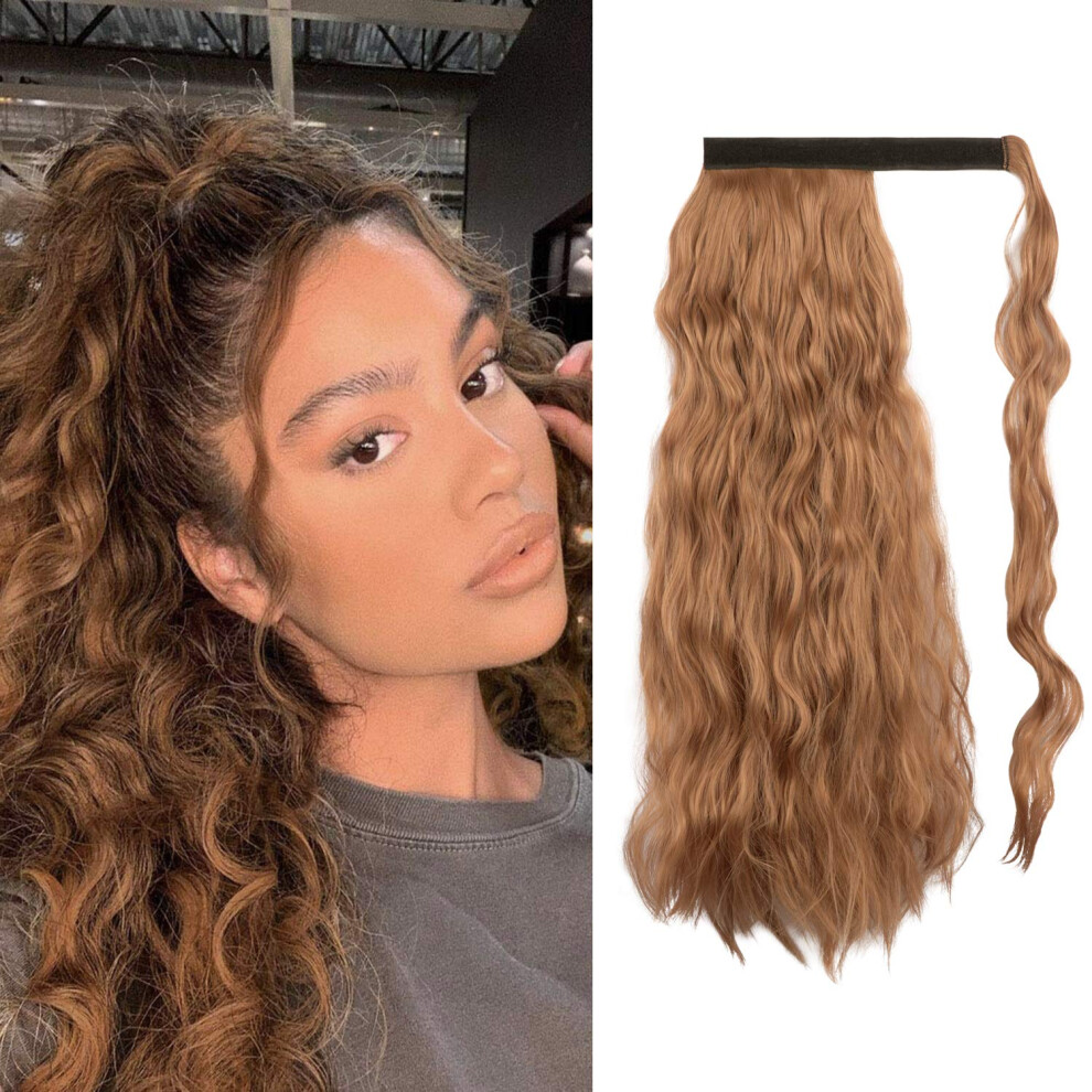 Ponytail Hair Extension 22 Inch Long Curly Wrap Around Synthetic Hair Piece for Women, Light Auburn