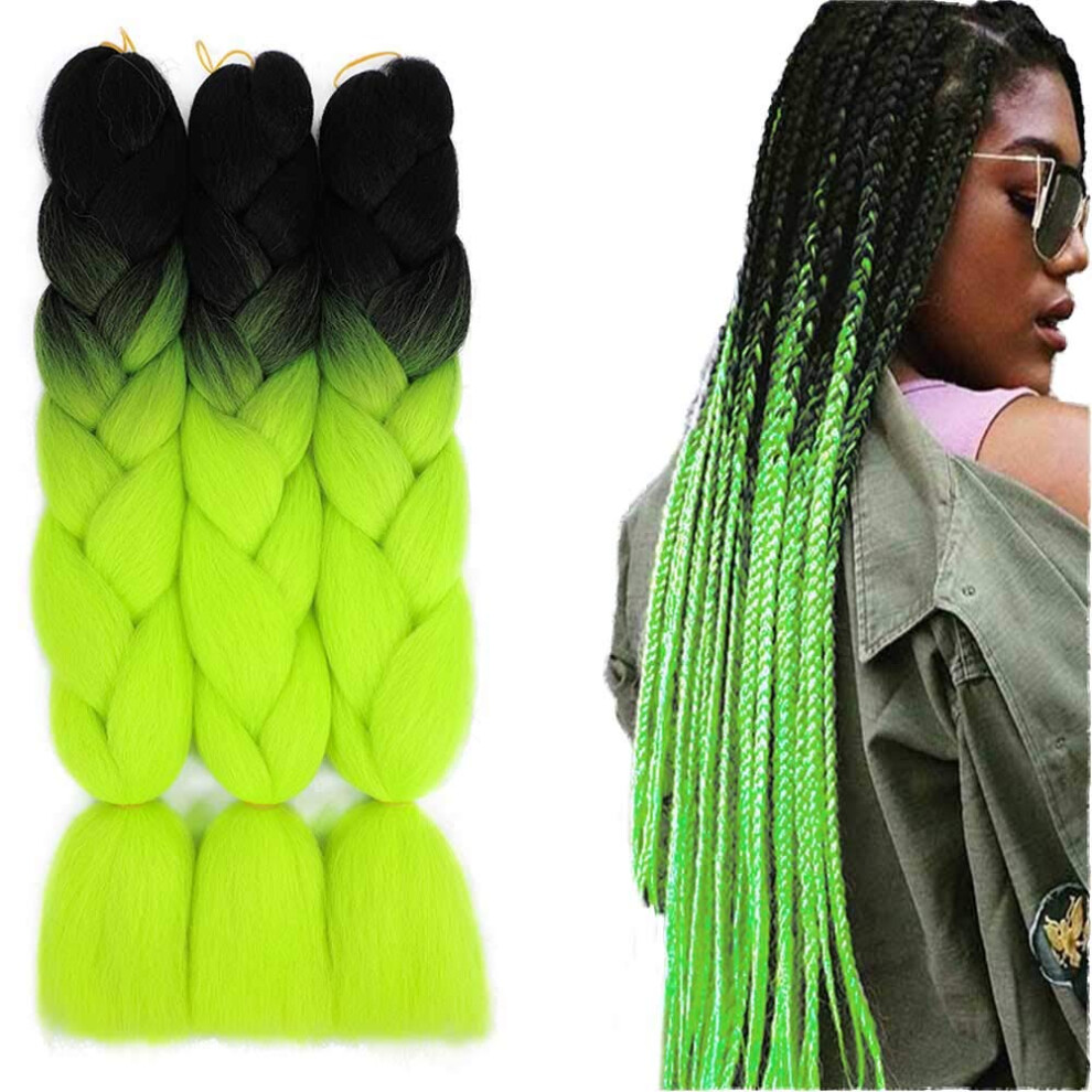 Unisex Green,Black 24 Inch Ombre Jumbo Braiding Hair Extensions Black Green, HeatâResistant Synthetic Fiber 3 Pack