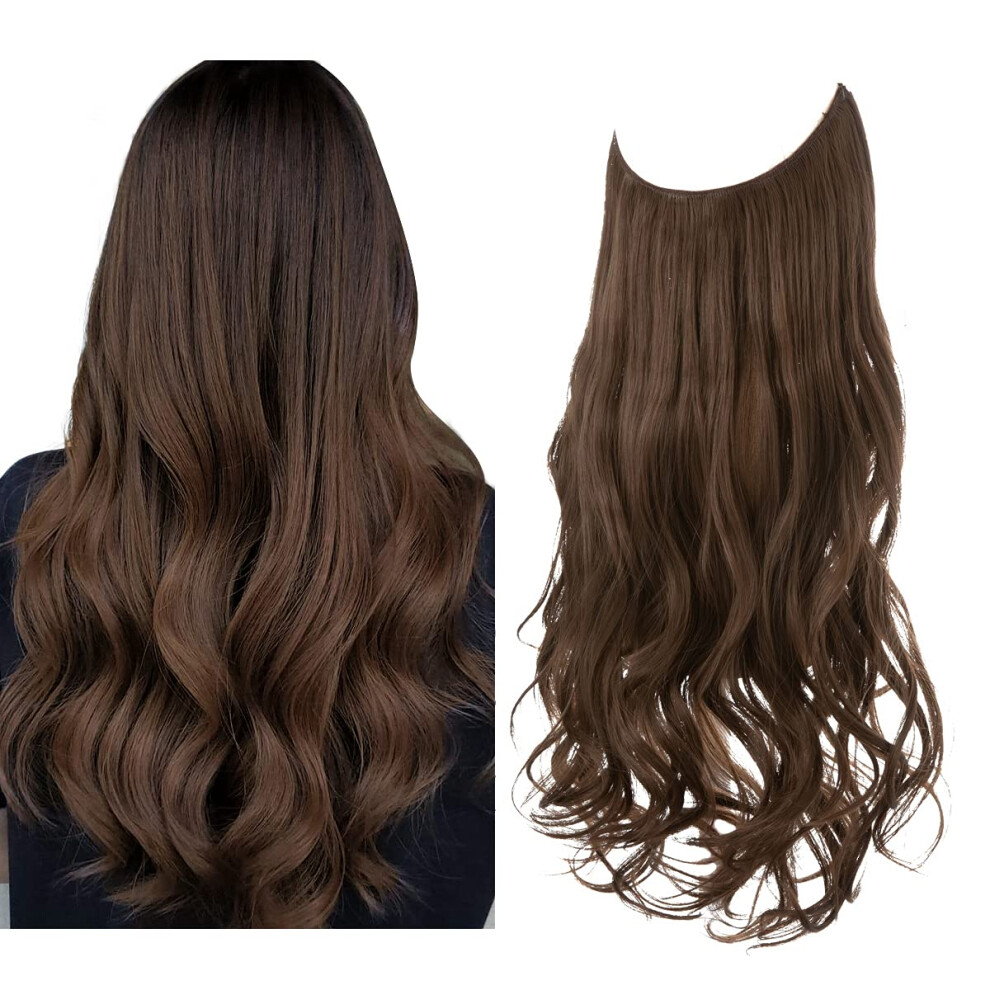 Unisex Brown Halo Hair Extensions Medium Wavy Curly Synthetic Hair Piece With Invisible Wire For Women