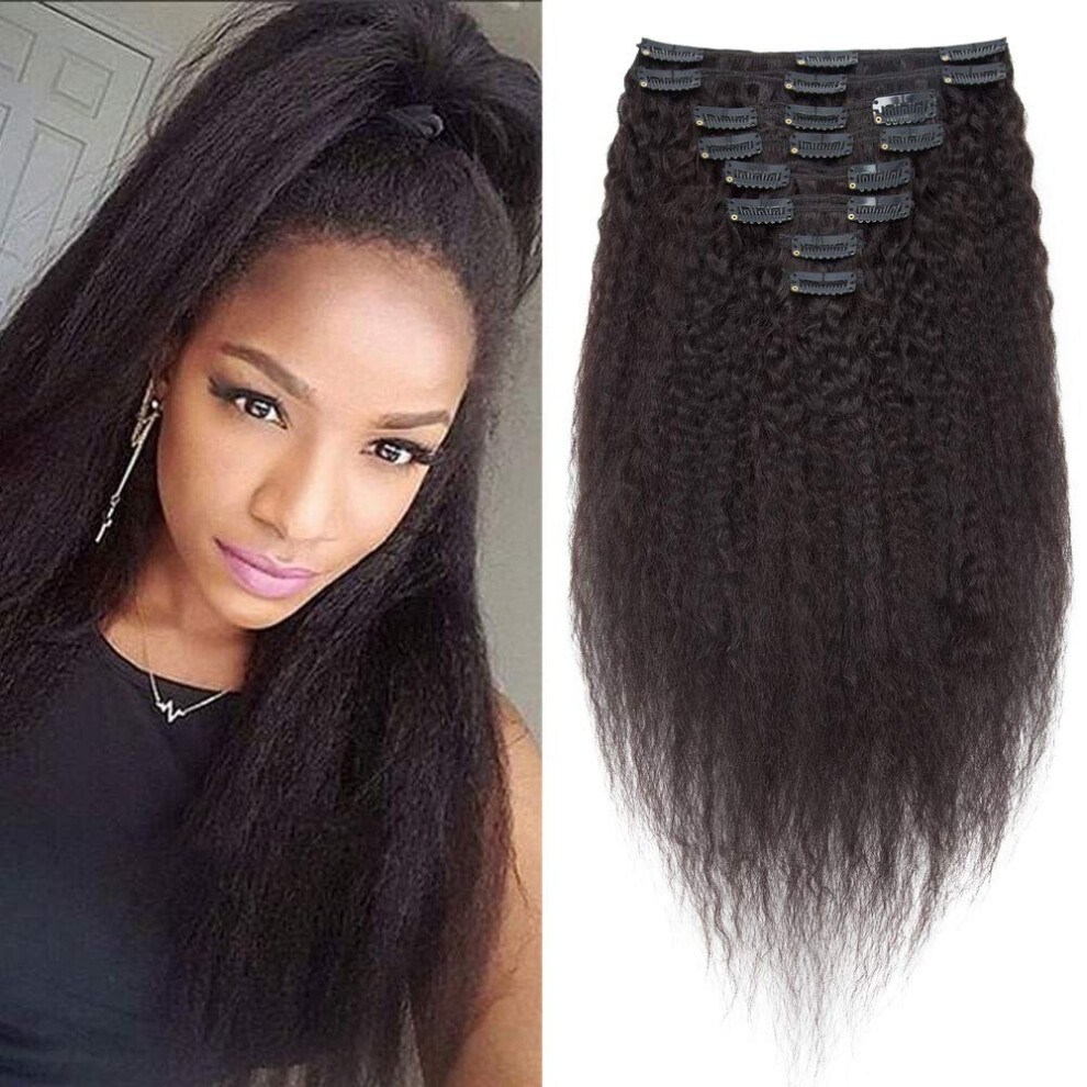 Unisex Black Kinky Straight Clip In Human Hair Extensions Brazilian Virgin Remy Double Weft 8Pcs For Women 10In