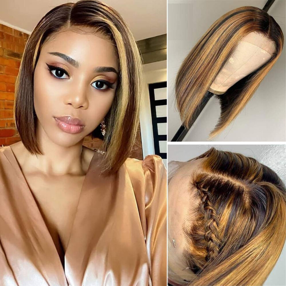 Unisex Human Hair Lace Front Wig Ombre Honey Blonde Short Bob Brazilian 100% Virgin Hair Preplucked 10Inch