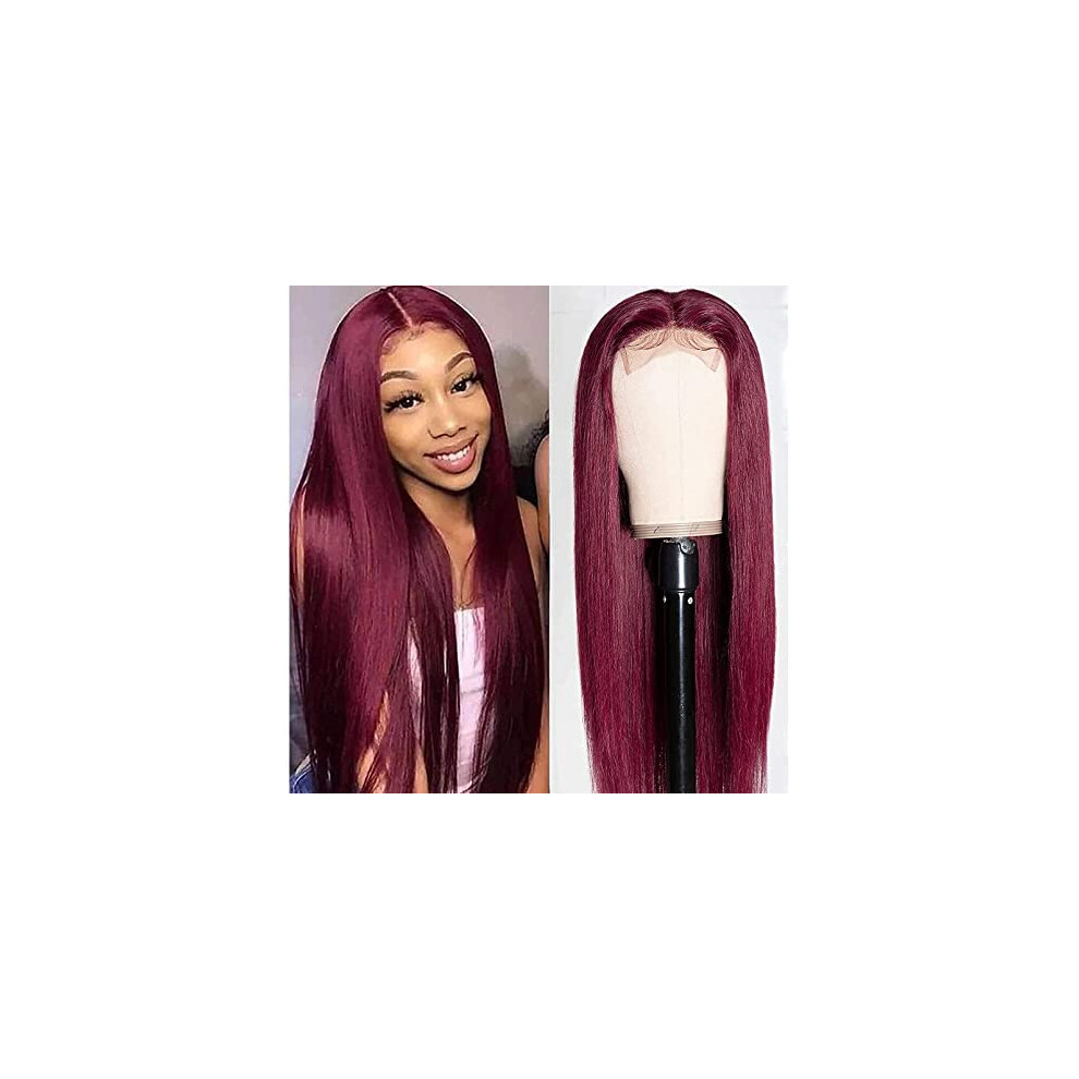 99J Burgundy Human Hair Lace Front Wig 20 Inch Straight Bob with Baby Hair and Natural Hairline