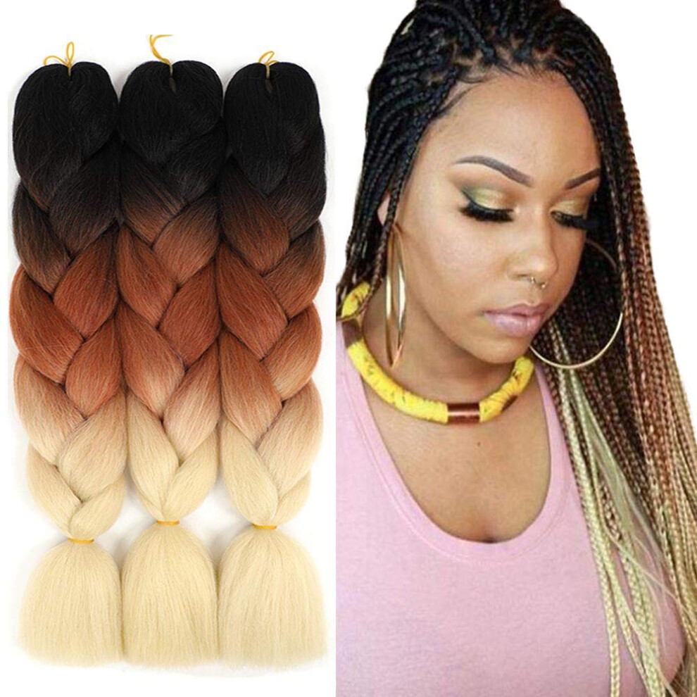 3Pcs 24 Inch Jumbo Braiding Hair Extensions Ombre Black Brown Beige Synthetic for Box Braids