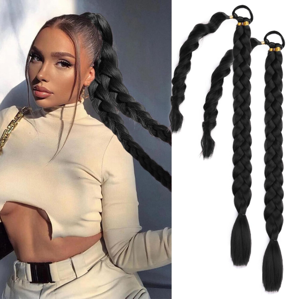 2 Packs Caramel Brown 22 Inch Braided Ponytail Extensions Synthetic Wrap Around Hair Piece