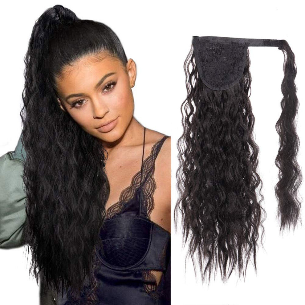 Long Wavy Ponytail Extension with Velcro Wrap Around, Heat Resistant Black Hairpiece for Instant Volume