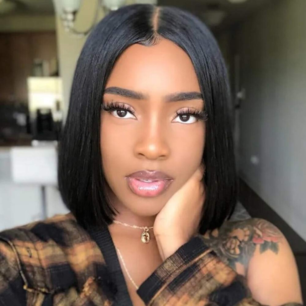 Short Straight Bob Wig for Women Black Middle Part Heat Resistant Synthetic Hair