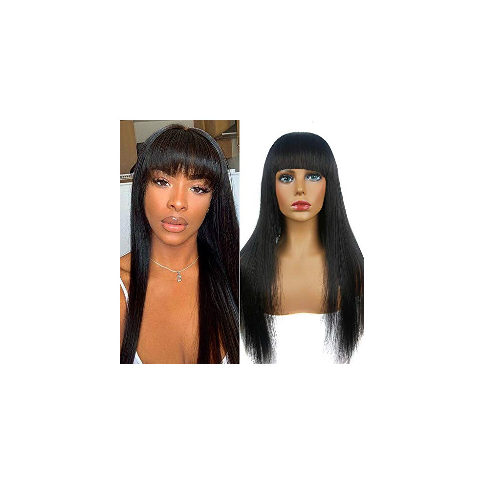 Brazilian Straight Human Hair Wig with Bangs, 150% Density Virgin Hair, 22 Inch Adjustable Fit