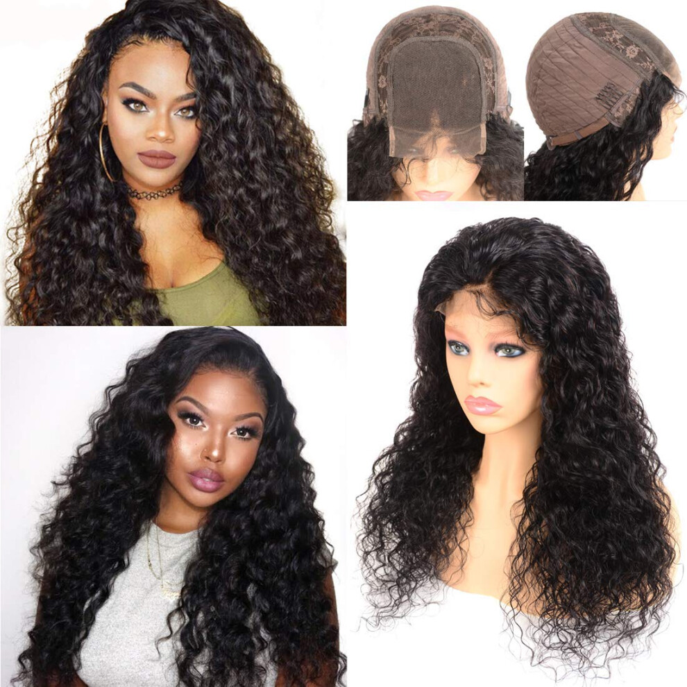 Unisex 4X4 Water Wave Glueless Human Hair Lace Closure Wig 20 Inch Brazilian Remy Natural Hairline