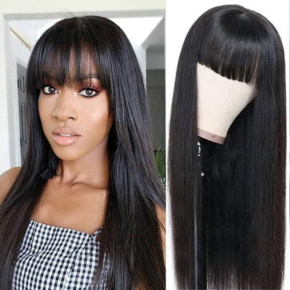 Unisex Black 26 Inch Straight Virgin Human Hair Wig With Bangs For Women, Glueless, 150% Density