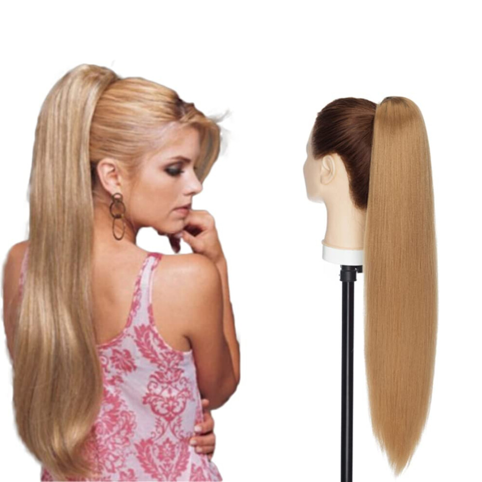 Straight Drawstring Clip In Ponytail Extension Synthetic Yaki Hairpiece 27# Light Ash Blonde