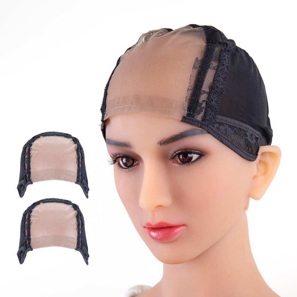 2pcs U Part Swiss Lace Wig Cap 4x4 Inch Black Size L for Making Wigs with Adjustable Straps