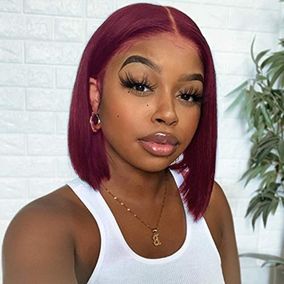 Unisex Black,Red Burgundy Lace Front Bob Wig Human Hair 13X4 Preplucked Hairline For Black Women 99J Short Straight