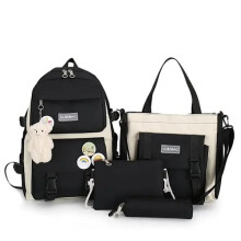 Set di 5 zaini scolastici per ragazze adolescenti, zaino in tela tinta unita per donne, ragazze adolescenti, studentesse, nero