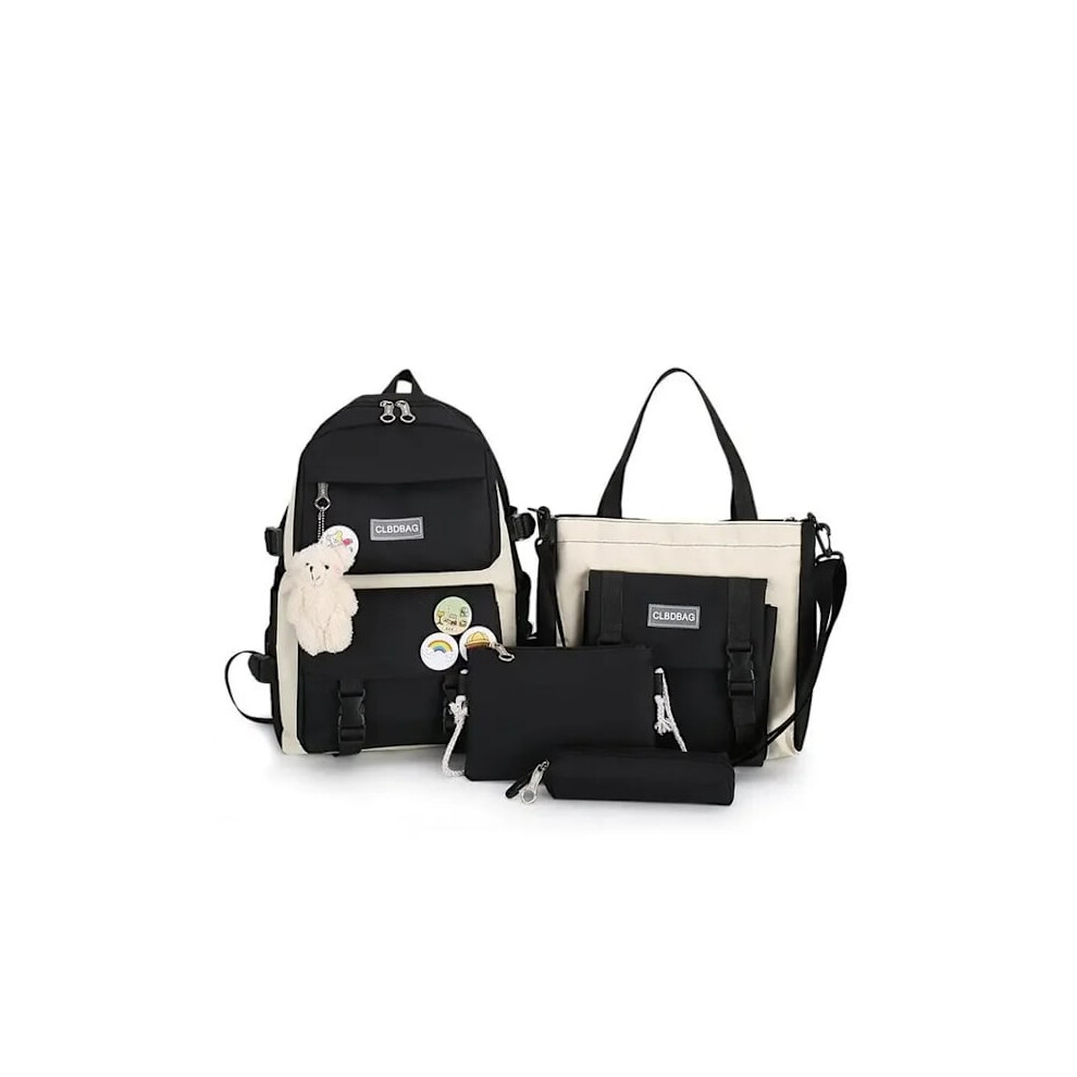 5-Piece School Bag for Teenage Girls, Solid Color Canvas Backpack for Women, Teenage Girls, Students Black