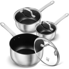 Stainless Steel Saucepan Set 1QT 2QT 3QT with Nonstick Coating, Oven Safe Pots with Lids, Easy to Clean, Induticon Compatible
