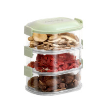 Conjunto de três peças empilháveis para armazenamento de alimentos na cozinha, incluindo potes para temperos e condimentos com tampas.