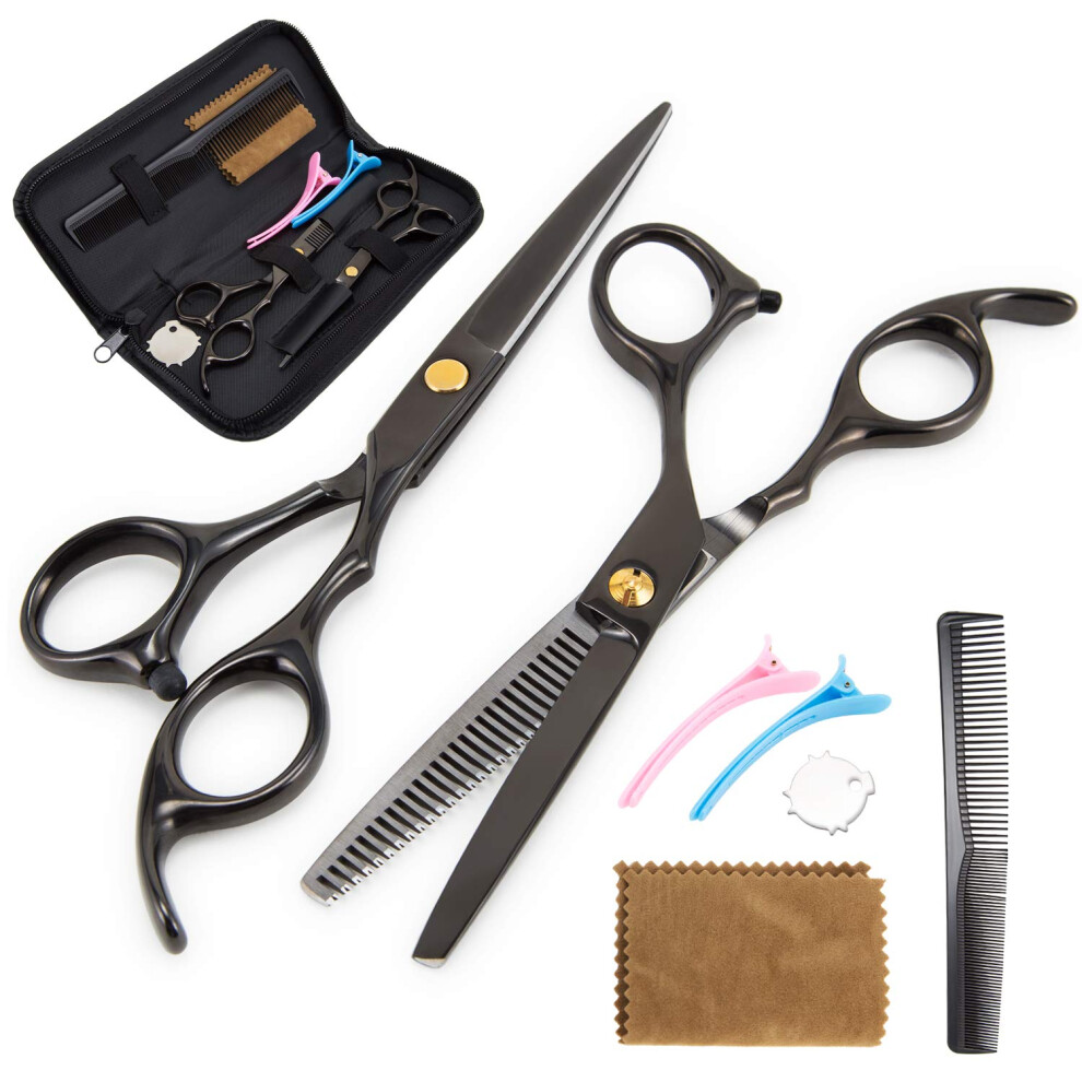 Black Professional Hair Cutting Scissors Set With Ergonomic Offset Grip, Japanese Steel Blades And Case