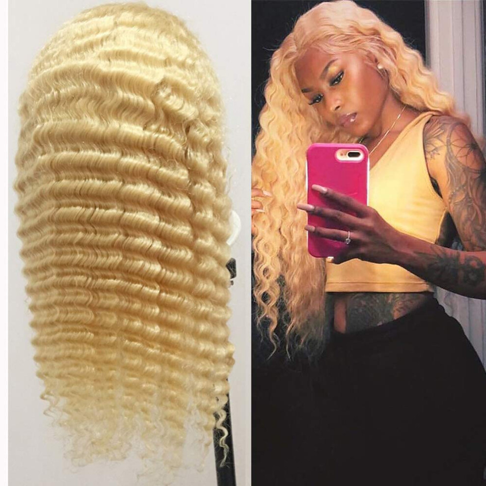 Unisex 613 Blonde Lace Front Wig 28 Inch Deep Wave Peruvian Remy Human Hair Pre Plucked Natural Hairline