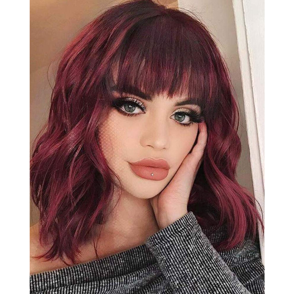 Unisex Red Wine Short Wavy Bob Wig With Bangs Synthetic Shoulder Length Natural Looking For Women