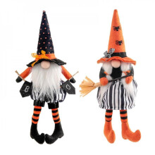 Hübsche, gemütliche Halloween-Hexe mit schwarzem Besen, langer Flagge, hohem Hut und gesichtsloser Puppe – 2-teiliges Set – Dekoration für