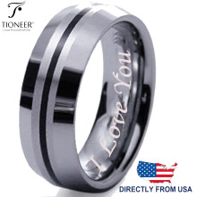 Bague de mariage contemporaine Tioneer en carbure de tungstène, ornée d'une bande noire et d'un dôme, avec inscription « Je t'aime » gravée, 8