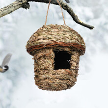 Handgeweven hangend vogelhuisje, 14,5 cm x 15 cm, gezellig nest voor vinken, kanaries en kolibries, past bij tuin- en gazondecoratie, 145 cm touw