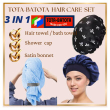 3in1 Hair Care Set with Microfiber Hair Towel Wrap, Waterproof Shower Cap and Satin Bonnet, AntiFrizz Fast Drying, Blue