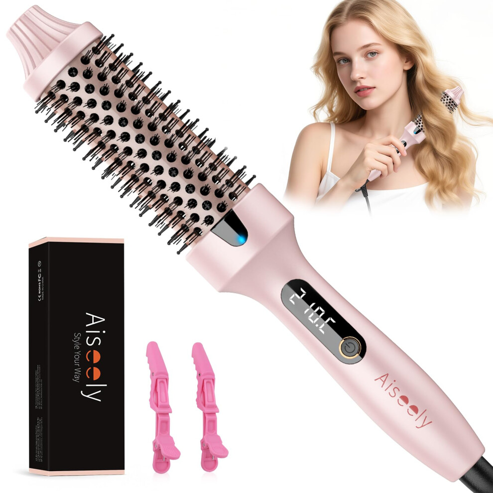 Ceramic Curling Brush 1.5 Inch Thermal Round Hair Styler, 6 Heat Settings, Negative Ion, Pink