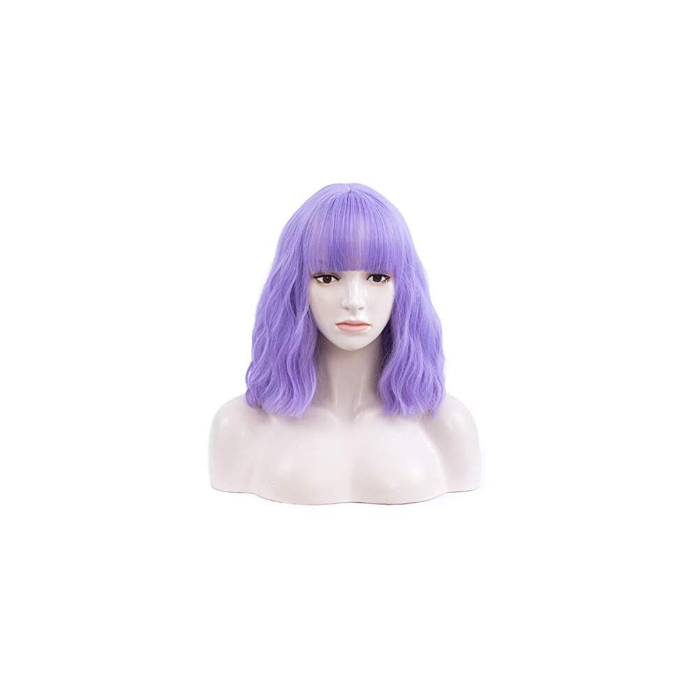 Purple Wig with Bangs, Short Wavy Lavender Bob for Women, Heat Resistant Synthetic Hair for Cosplay Party