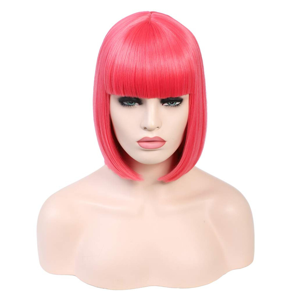Unisex Pink,Red Short Bob Wig With Bangs Red Pink Synthetic Straight Hair For Women Natural Look Cosplay Party